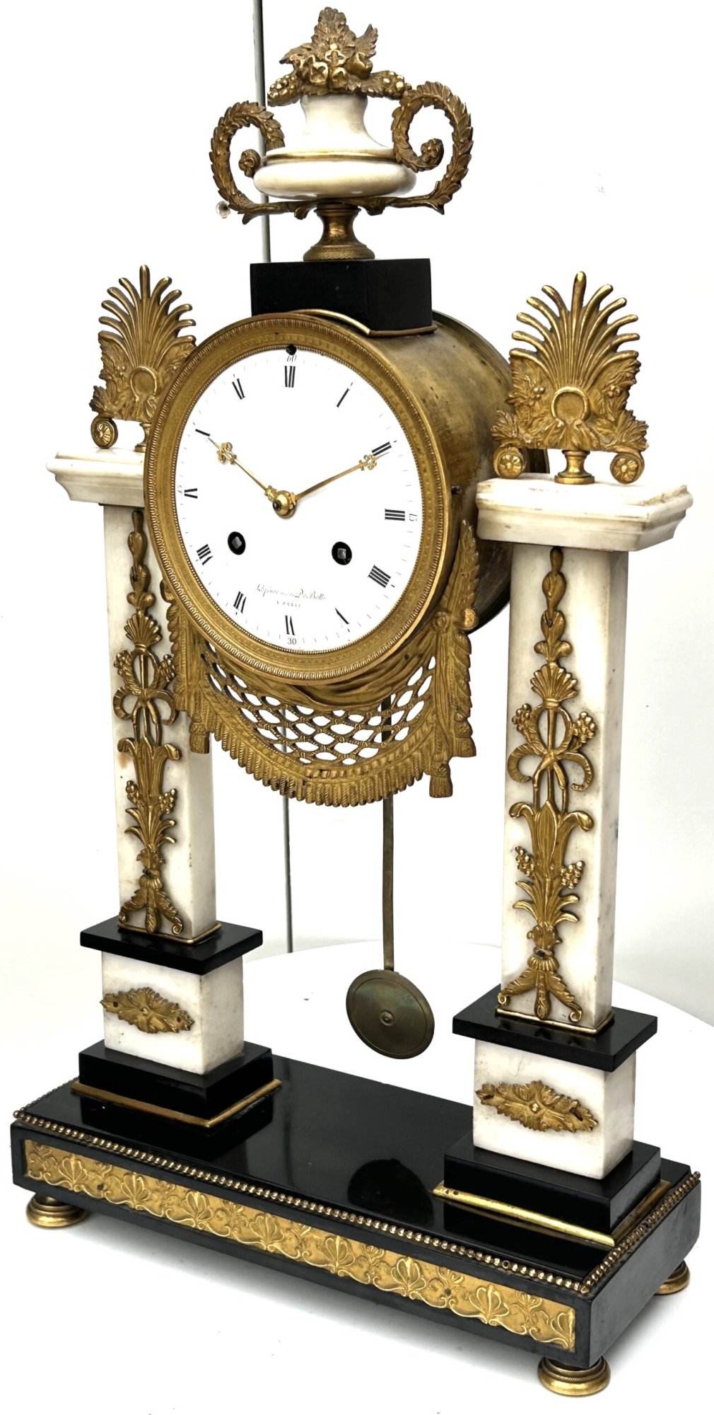 Antique French Empire Marble Portico Clock Pillar Striking 8-Day Mantel Clock by Signed - Image 4