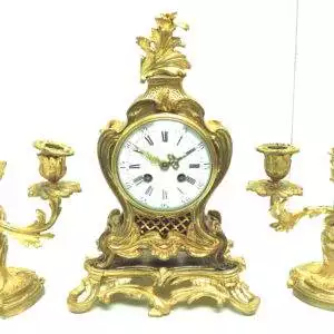 Superb Antique French Ormolu Mantel Candelabra Clock Set Scrolling Decoration