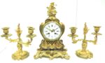 Superb Antique French Ormolu Mantel Candelabra Clock Set Scrolling Decoration