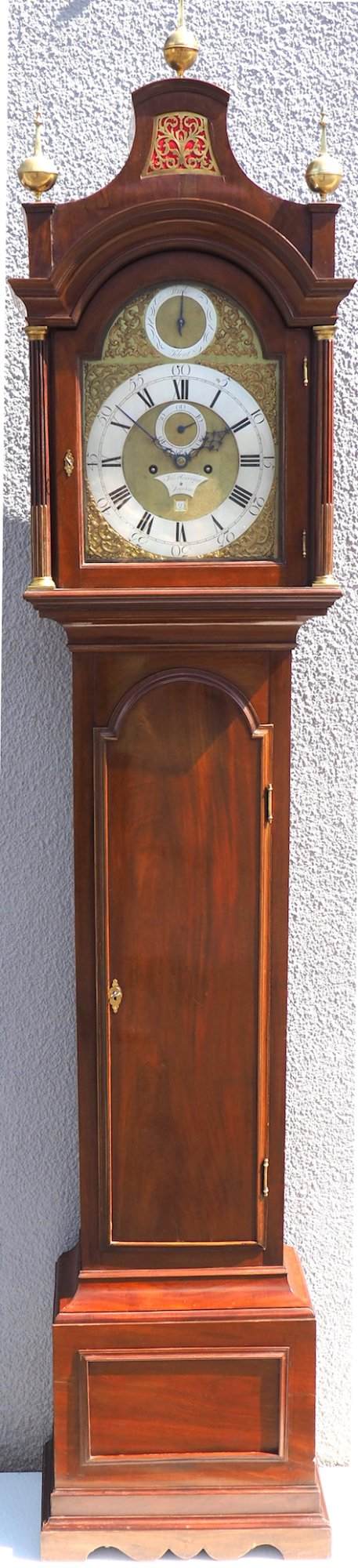 19THC Pagoda Top Longcase Clock in Solid Mahogany Case Arched Silver & Brass Dial Signed Joseph Herring London - Image 7