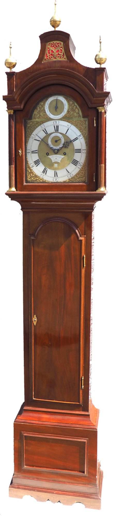 19THC Pagoda Top Longcase Clock in Solid Mahogany Case Arched Silver & Brass Dial Signed Joseph Herring London - Image 8
