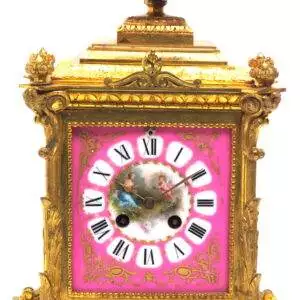 8-Day Striking Pink Sevres Ormolu Mantle Clock C1860