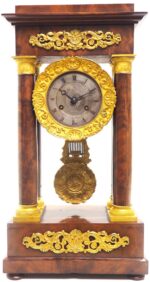 Fine Antique Flame Mahogany Mantel Clock French Striking Portico Mantle Clock