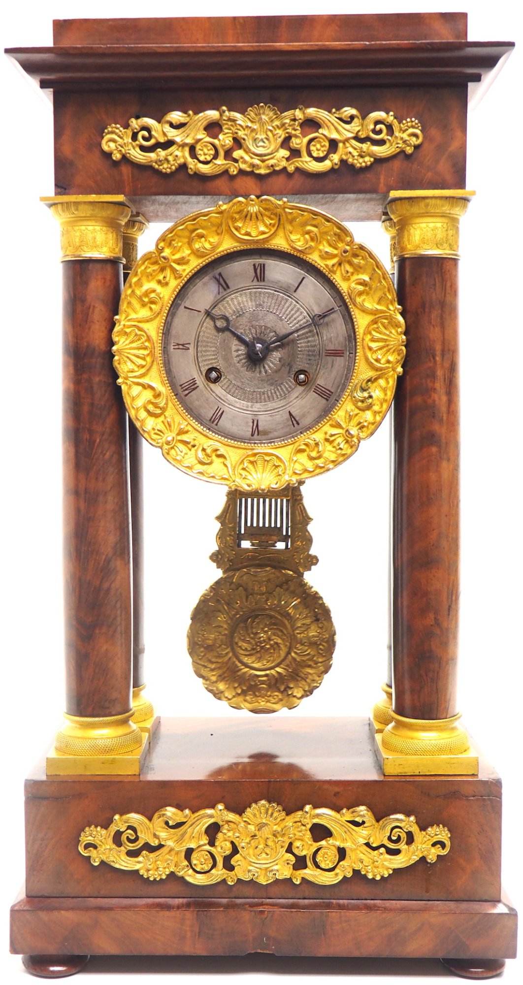 Fine Antique Flame Mahogany Mantel Clock French Striking Portico Mantle Clock