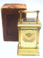 Marvellous French 8-Day Repeat Carriage Clock – Wow! Large Model Etched Decoration – Original Leather Case