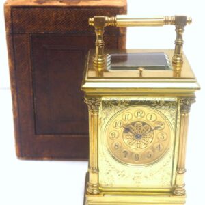 Marvellous French 8-Day Repeat Carriage Clock – Wow! Large Model Etched Decoration – Original Leather Case