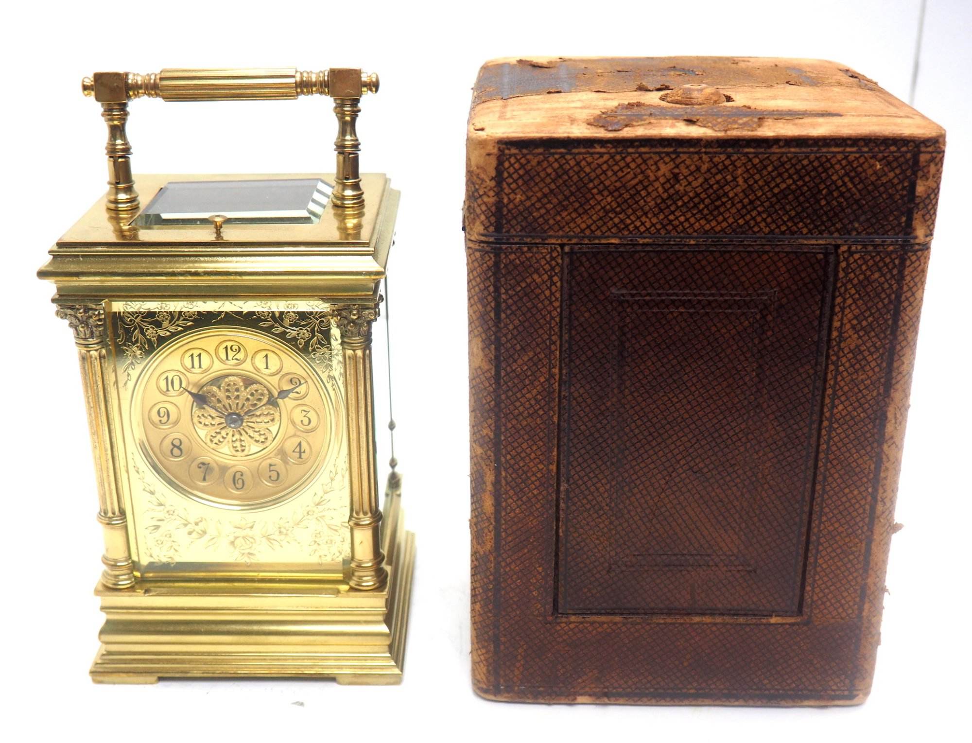 Marvellous French 8-Day Repeat Carriage Clock – Wow! Large Model Etched Decoration – Original Leather Case - Image 9