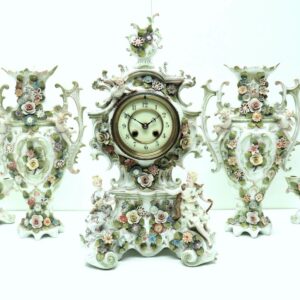 Original Porcelain Mantel Clock Figural Striking 8-Day Mantle Clock rare 5 Piece Set C1880