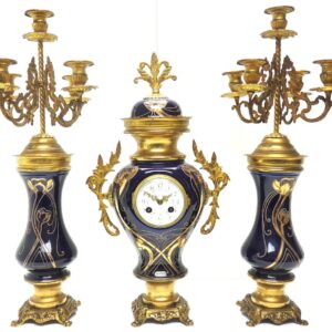 Incredible Electric Blue Art Nouveau Bulbous Tulip 5 Branch Candelabra Mantel Clock Set