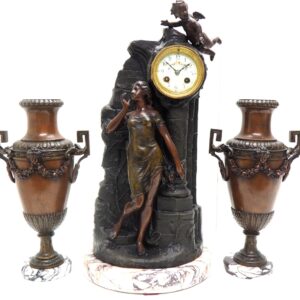 Incredible Art Nouveau Figural Mantel Clock Set 8 Day Striking mantle Clock