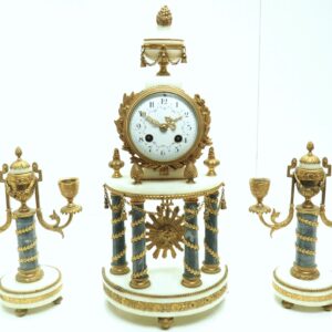 Incredible Antique 8 Day French Ormolu & Marble Mantel Clock Set with 2 Branch Candelabras