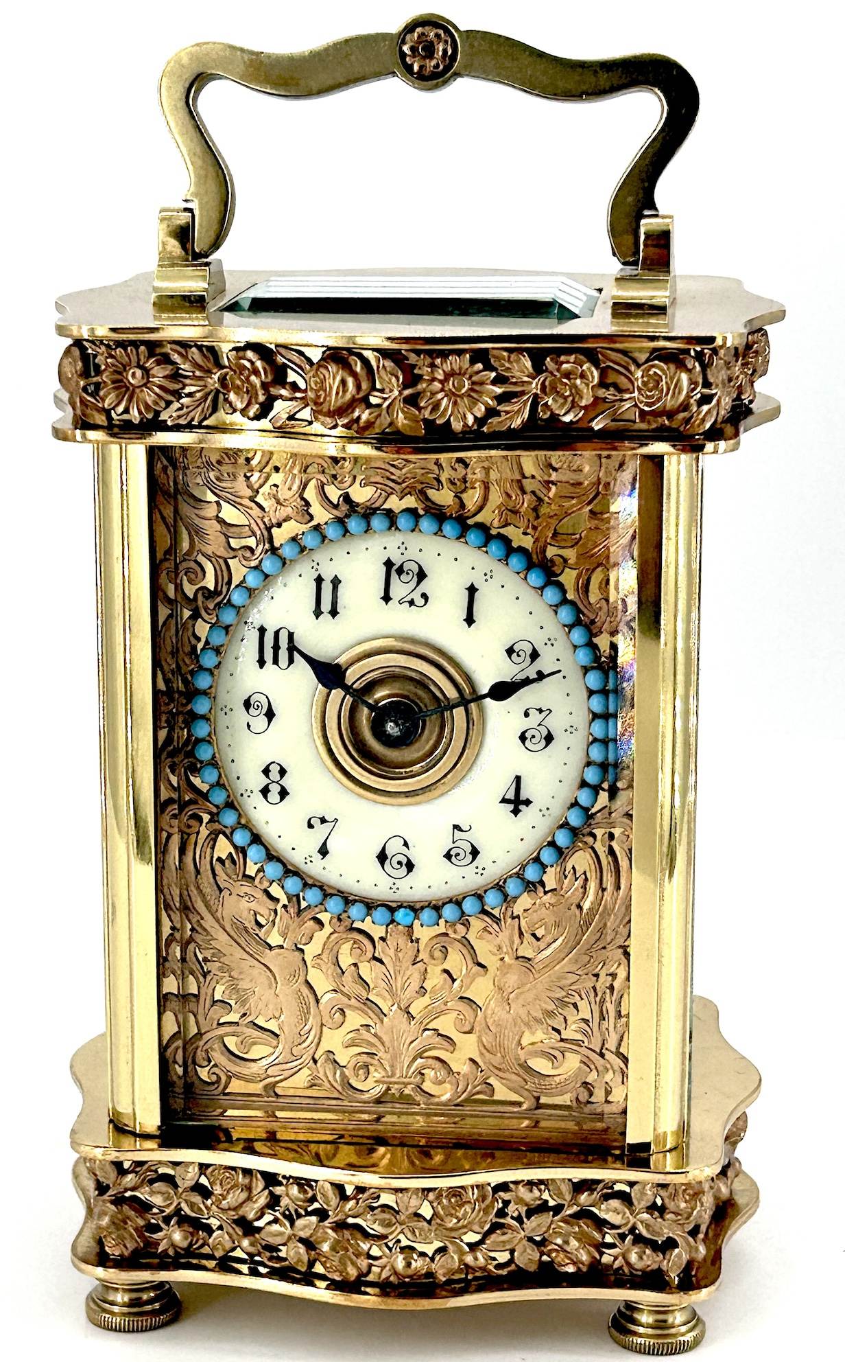 Rare Foliate Antique French 8-Day Carriage Clock