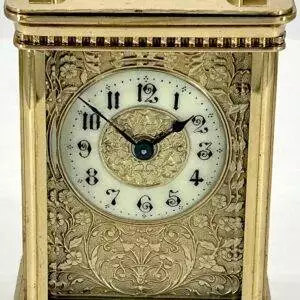 Rare Ormolu Foliate embossed Antique French 8-Day Carriage Clock