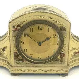 French Beige Antique Hand painted Chinoiserie mantel Clock C1900