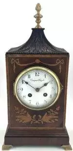 Carved and inlaid Mahogany case Mantel Clock – ca1890