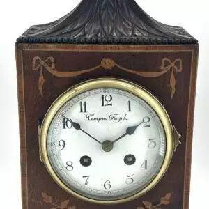 Carved and inlaid Mahogany case Mantel Clock – ca1890