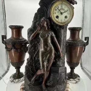 Lovely French Art Nouveau Figural Mantel Clock Set – Ca 1900