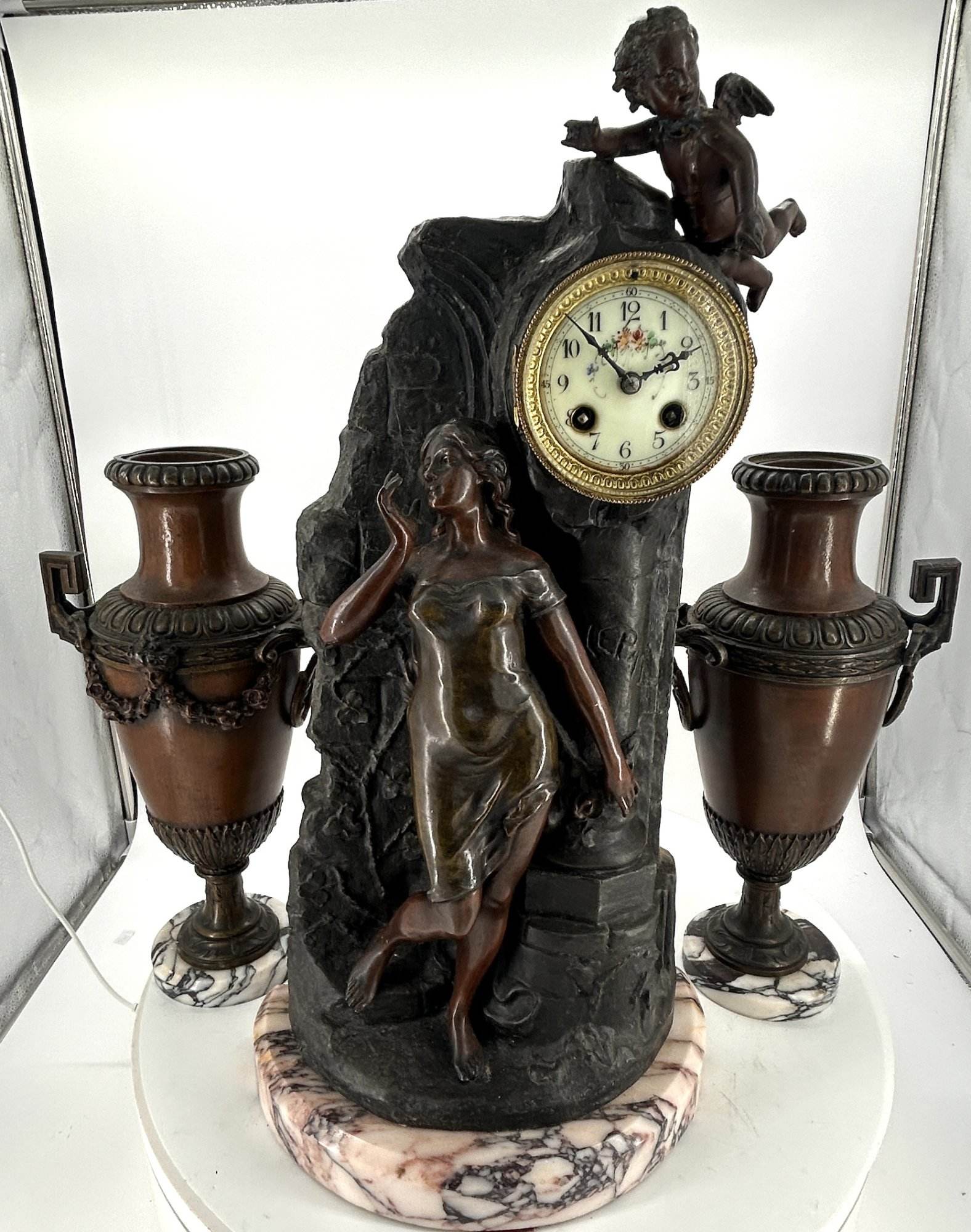 Lovely French Art Nouveau Figural Mantel Clock Set – Ca 1900 - Image 8