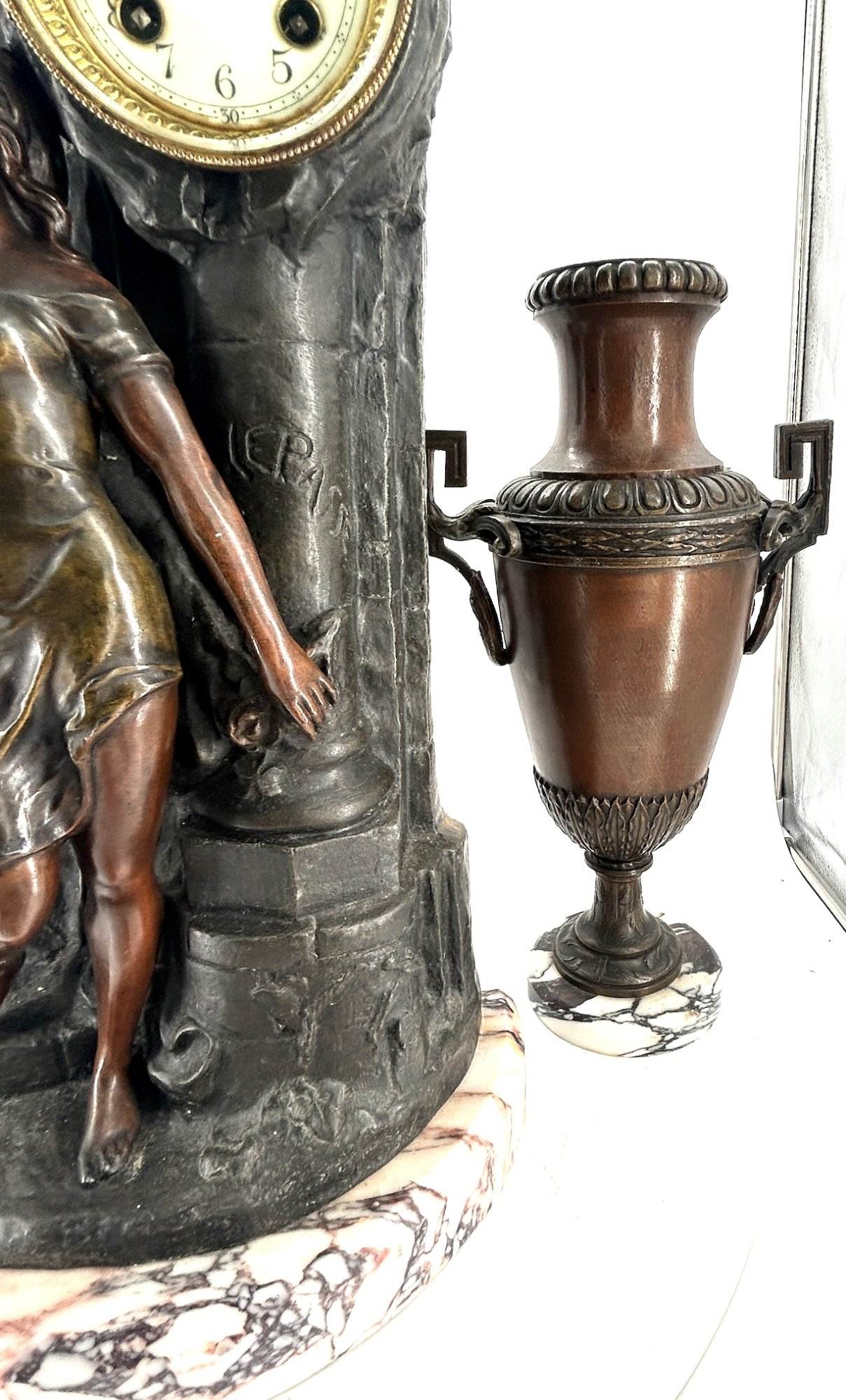 Lovely French Art Nouveau Figural Mantel Clock Set – Ca 1900 - Image 10