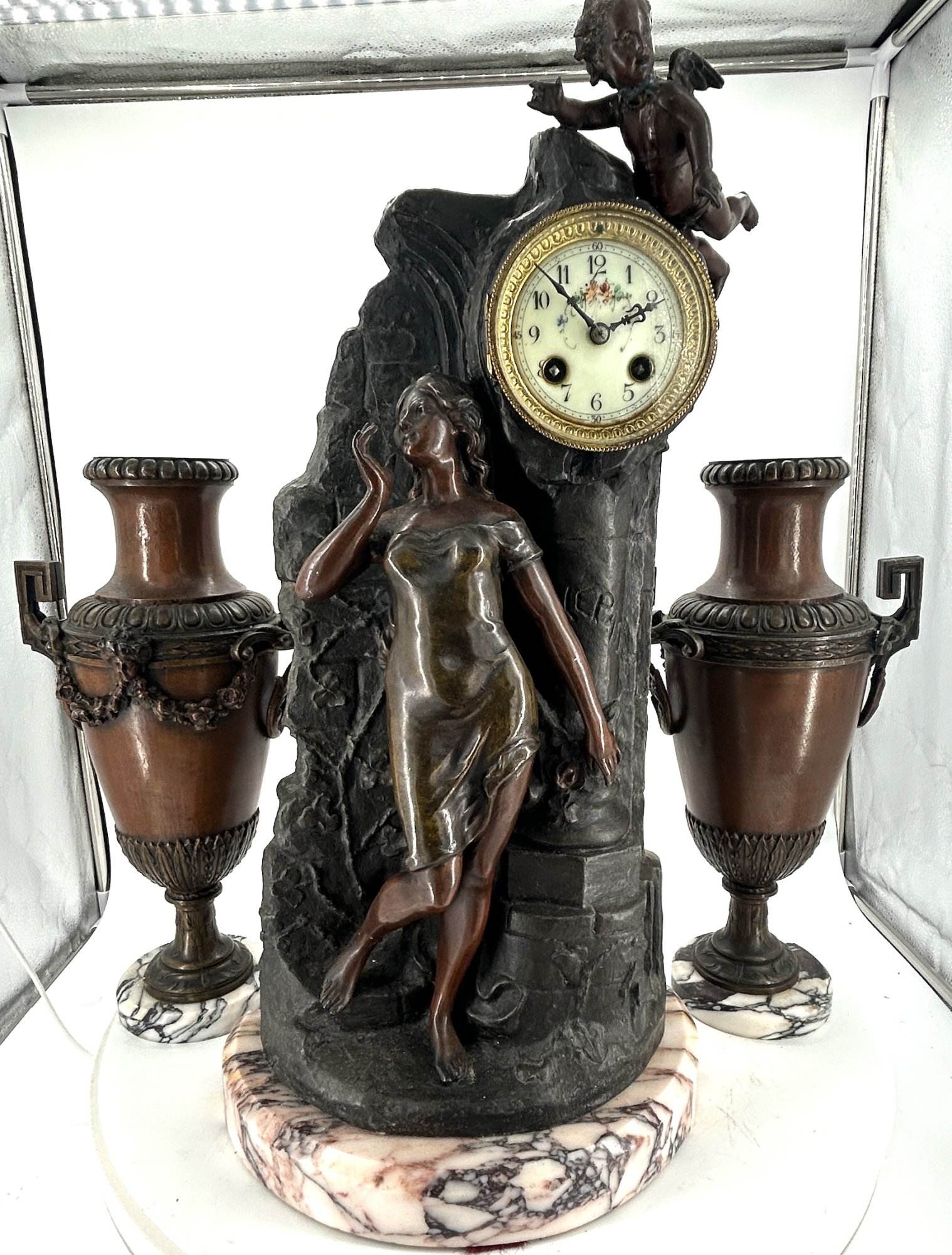 Lovely French Art Nouveau Figural Mantel Clock Set – Ca 1900 - Image 11