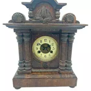 German 8-Day Hand Carved Walnut Case Mantel Clock – ca 1890