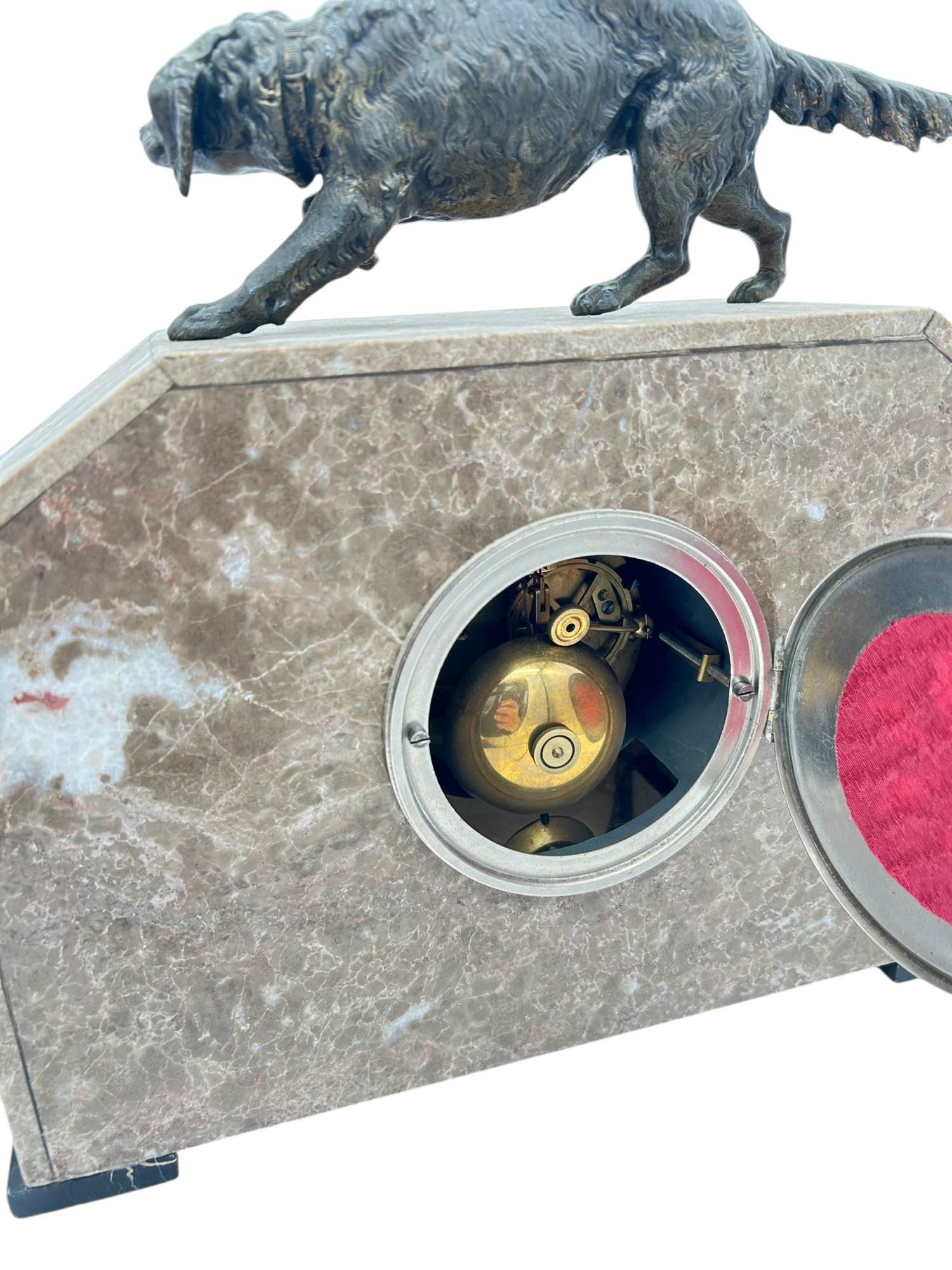 Fabulous French Art Deco Marble & Retriever Dog Figural Mantel Clock Set – ca1920 - Image 10