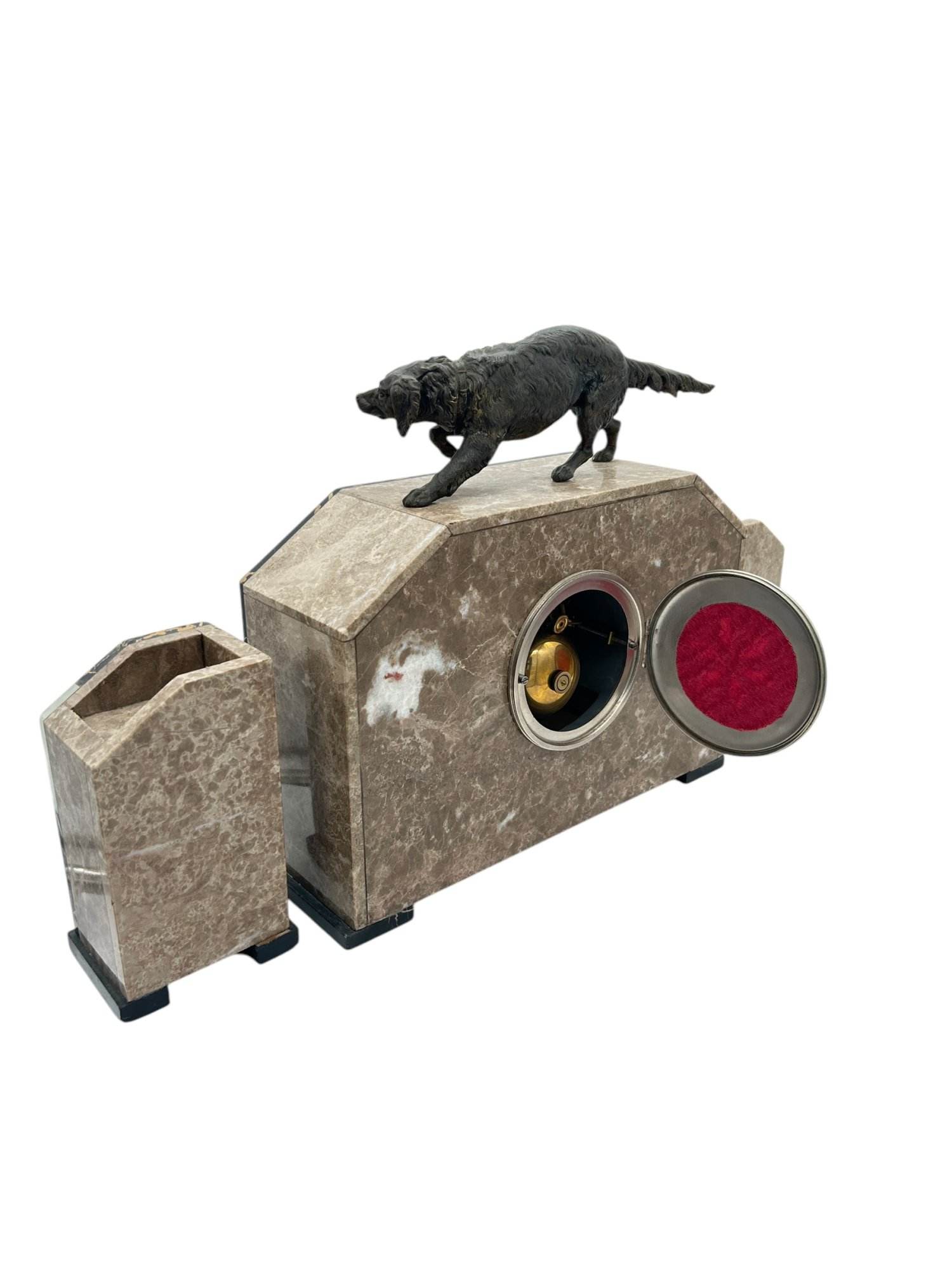 Fabulous French Art Deco Marble & Retriever Dog Figural Mantel Clock Set – ca1920 - Image 9