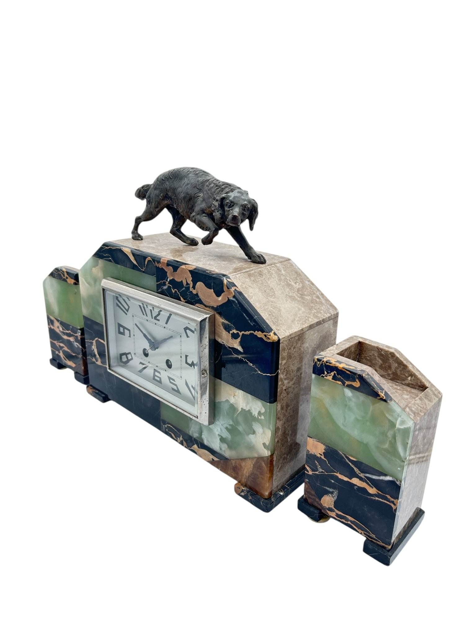 Fabulous French Art Deco Marble & Retriever Dog Figural Mantel Clock Set – ca1920 - Image 8