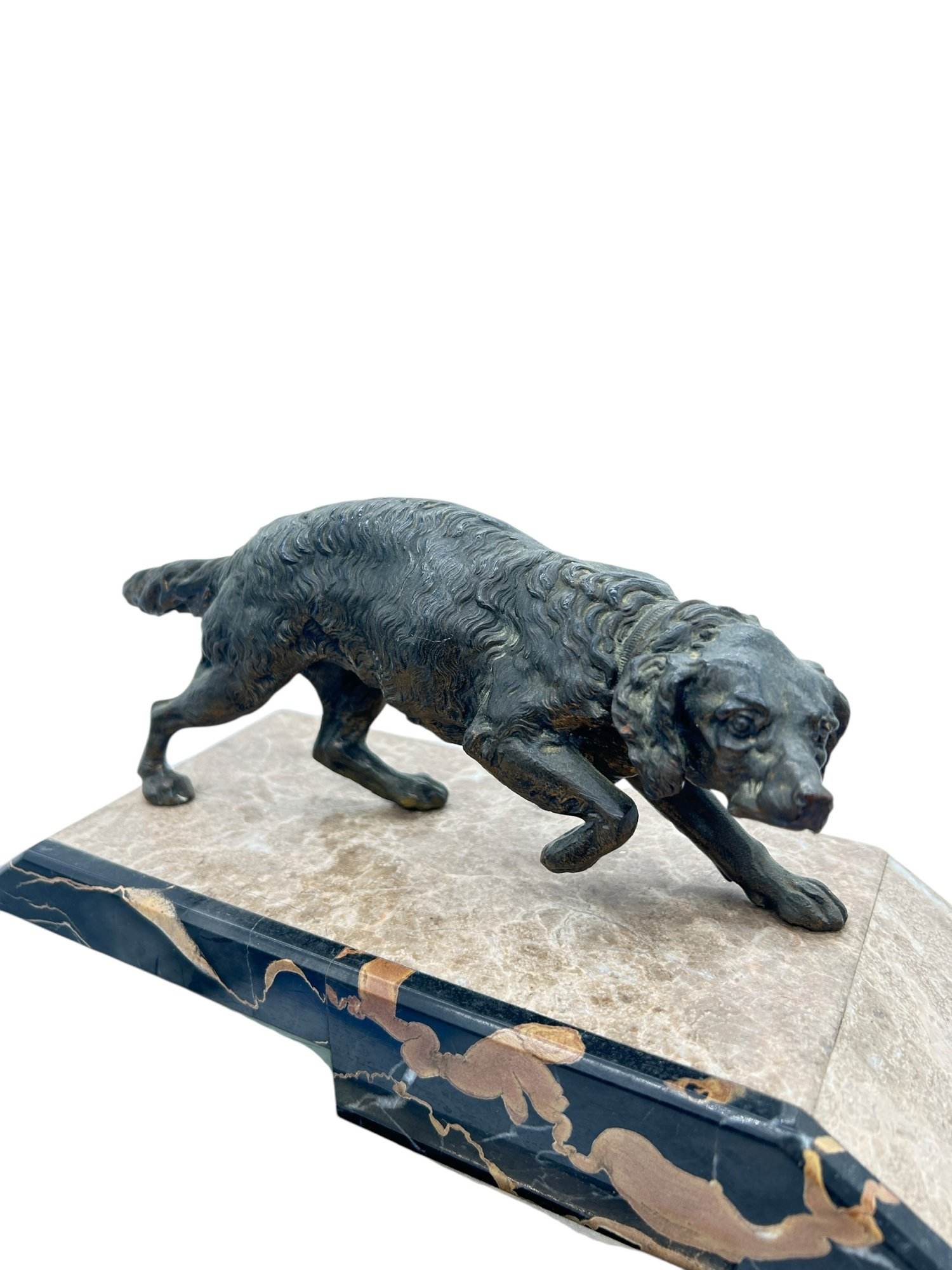 Fabulous French Art Deco Marble & Retriever Dog Figural Mantel Clock Set – ca1920 - Image 7