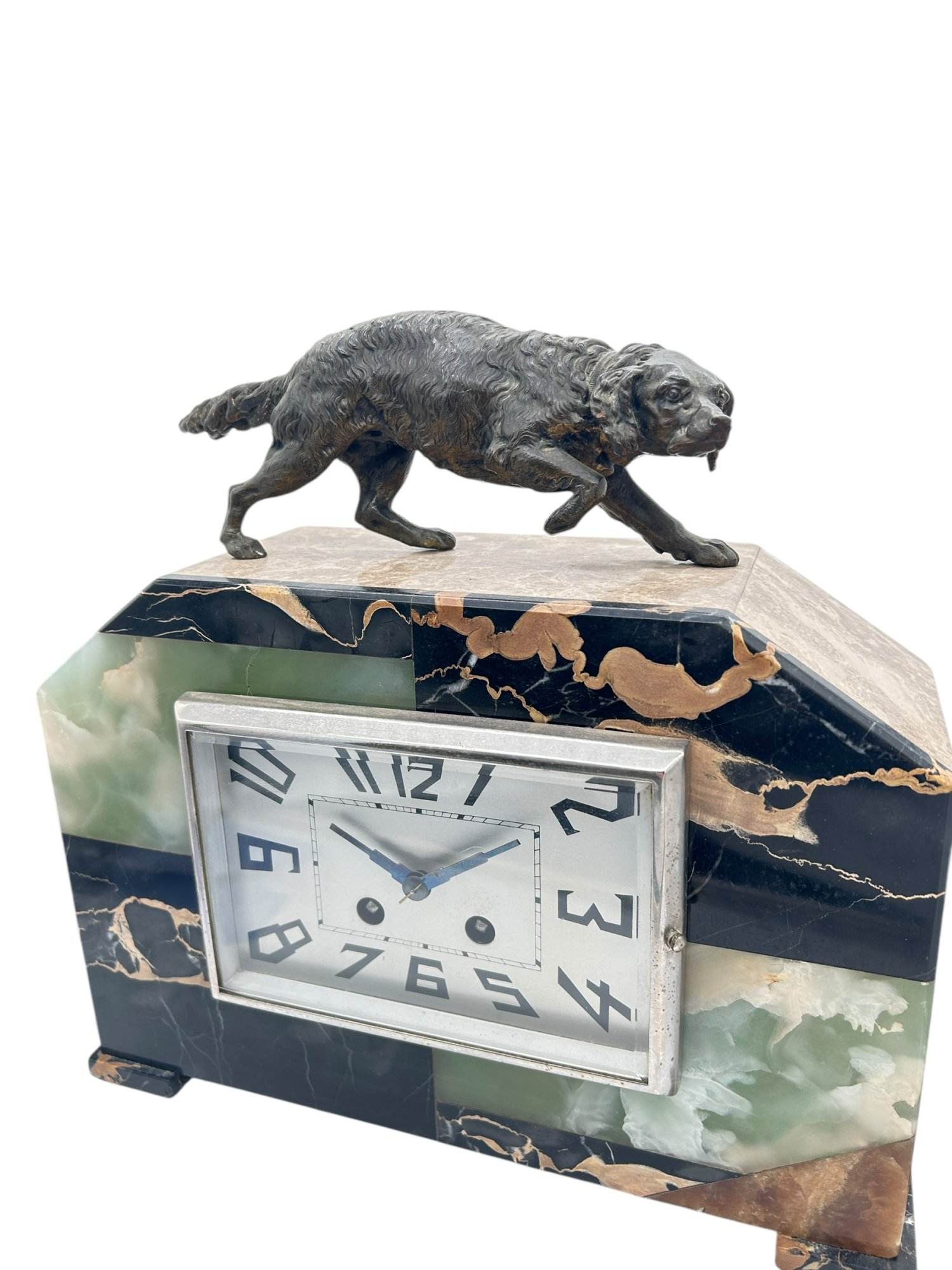 Fabulous French Art Deco Marble & Retriever Dog Figural Mantel Clock Set – ca1920 - Image 6