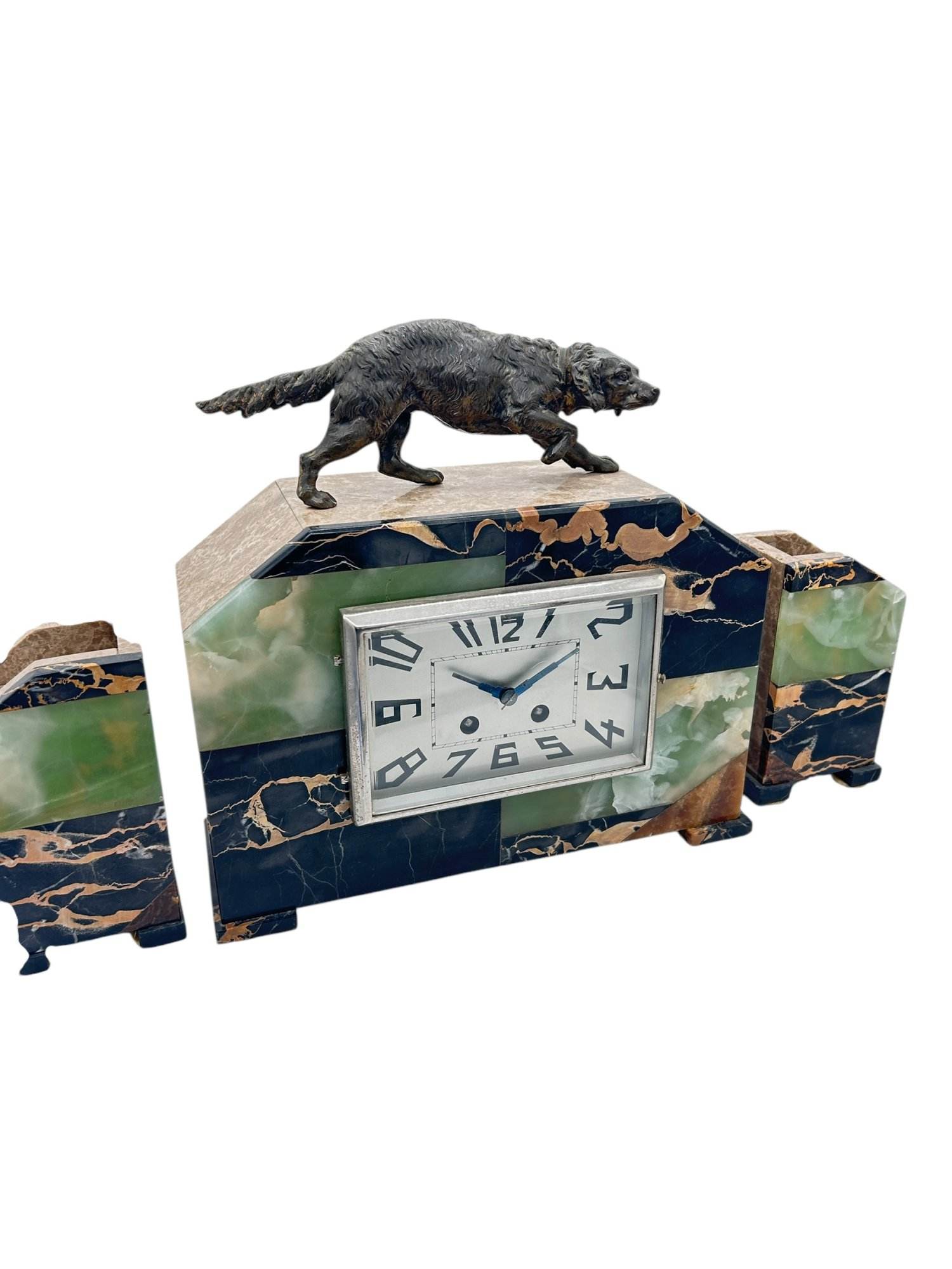 Fabulous French Art Deco Marble & Retriever Dog Figural Mantel Clock Set – ca1920 - Image 5