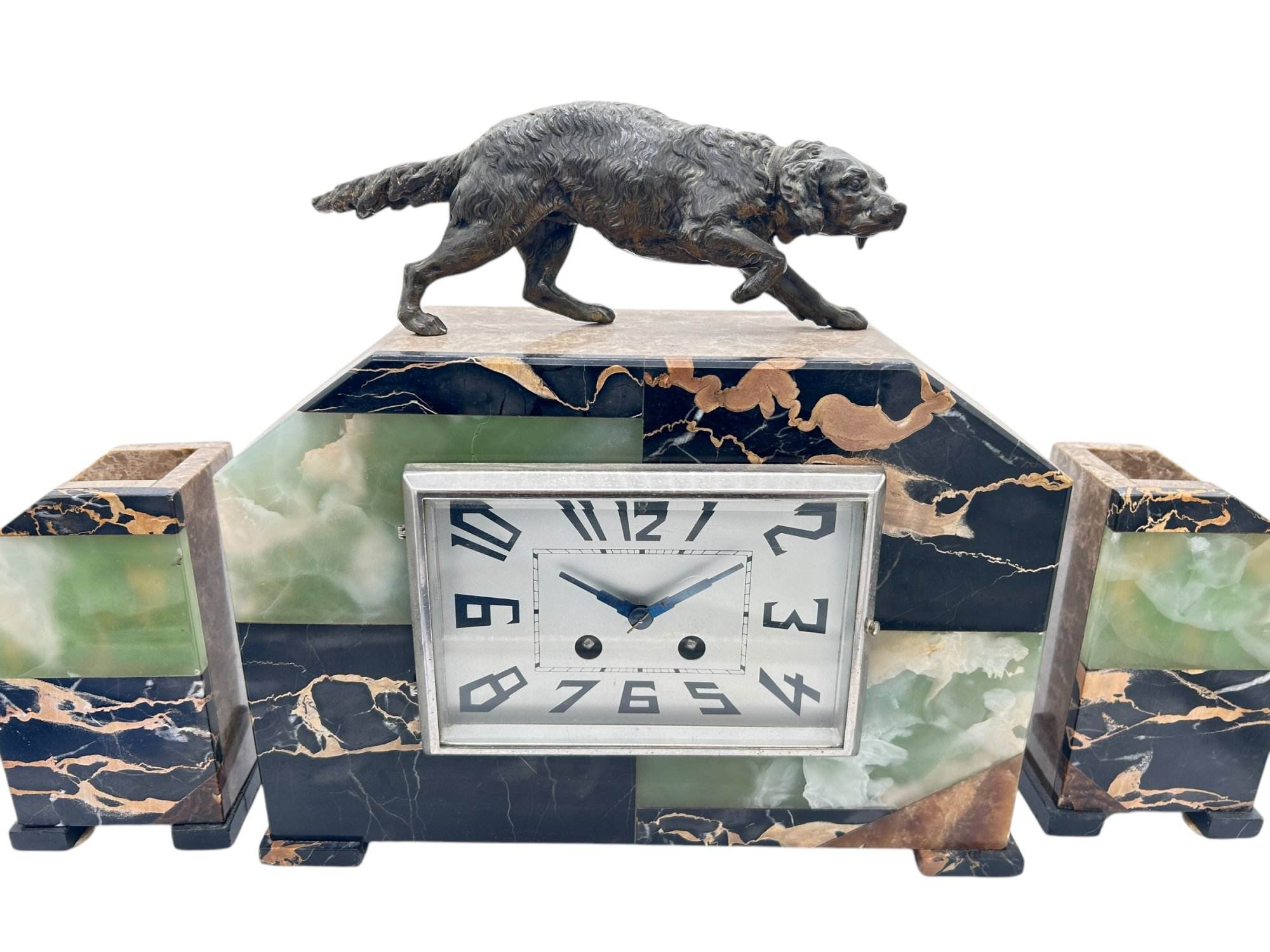 Fabulous French Art Deco Marble & Retriever Dog Figural Mantel Clock Set – ca1920 - Image 2