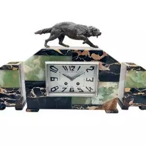 Fabulous French Art Deco Marble & Retriever Dog Figural Mantel Clock Set – ca1920