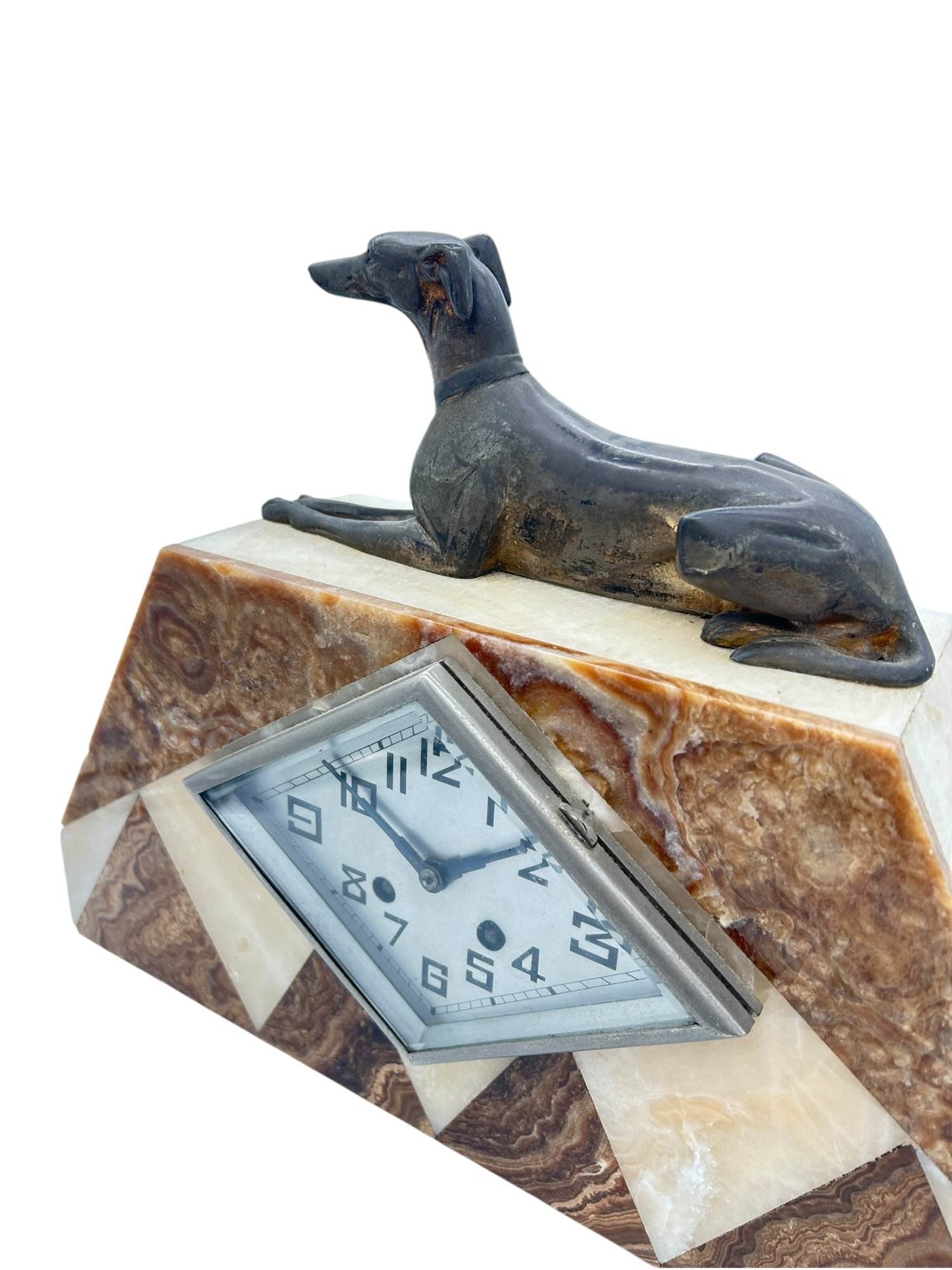 Beautiful French Art Deco Marble & Greyhound Dog Figural Mantel Clock – ca1920 - Image 8