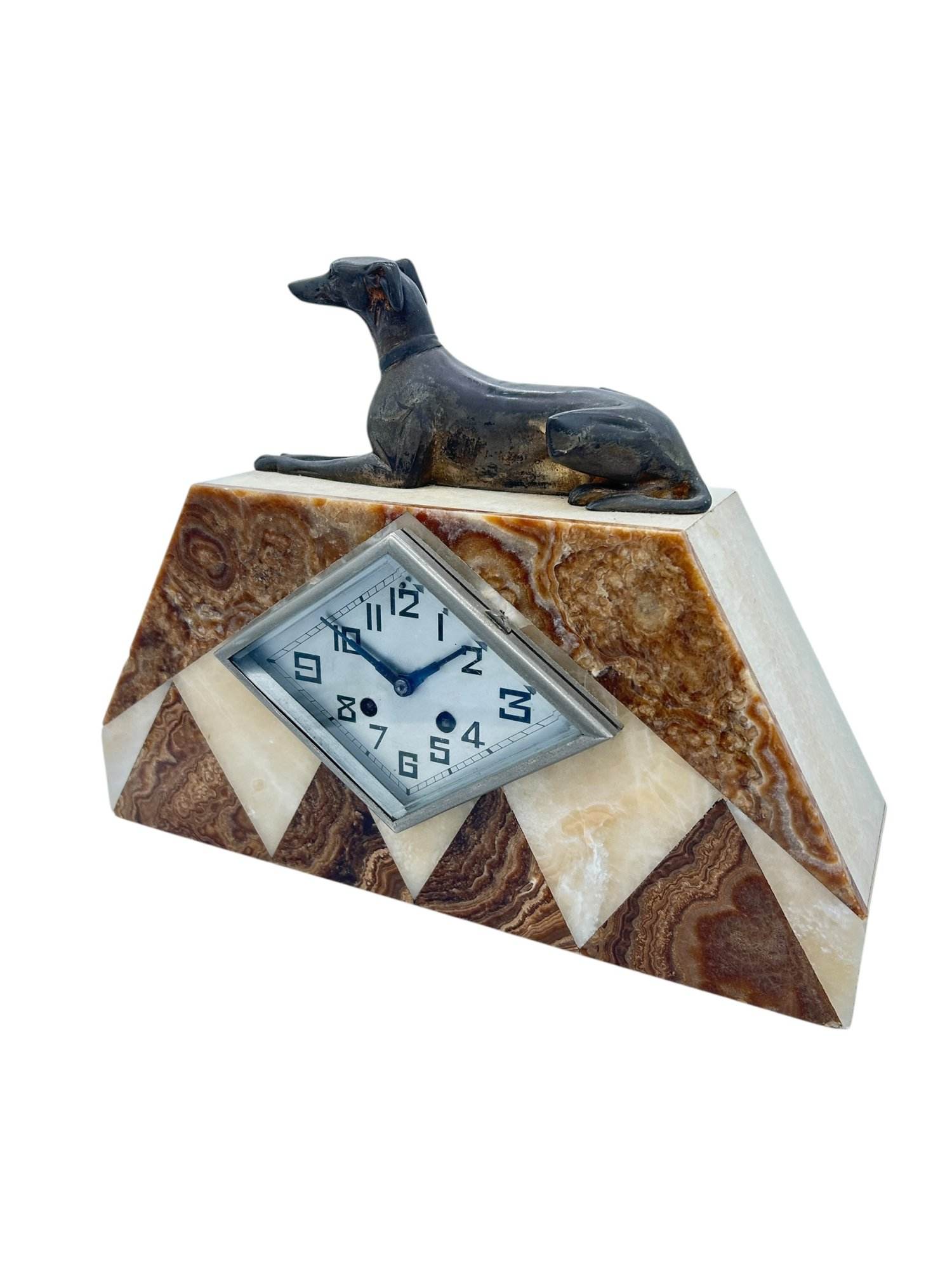 Beautiful French Art Deco Marble & Greyhound Dog Figural Mantel Clock – ca1920 - Image 7