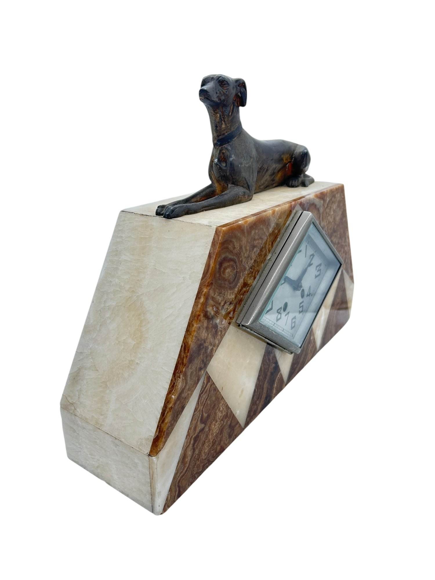 Beautiful French Art Deco Marble & Greyhound Dog Figural Mantel Clock – ca1920 - Image 6