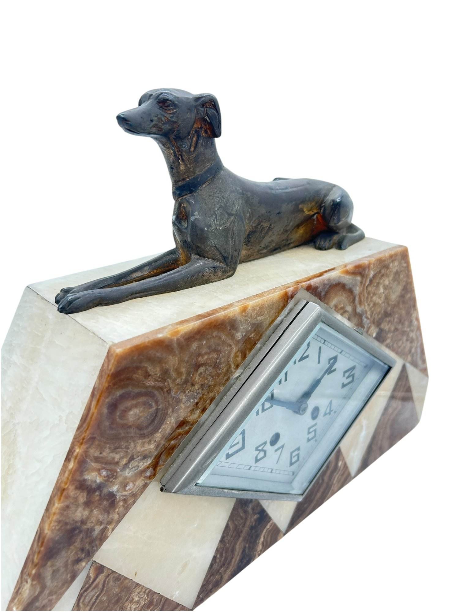 Beautiful French Art Deco Marble & Greyhound Dog Figural Mantel Clock – ca1920 - Image 5