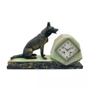 Stunning French Art Deco Marble & Alsatian Dog Figural Mantel Clock – ca1920