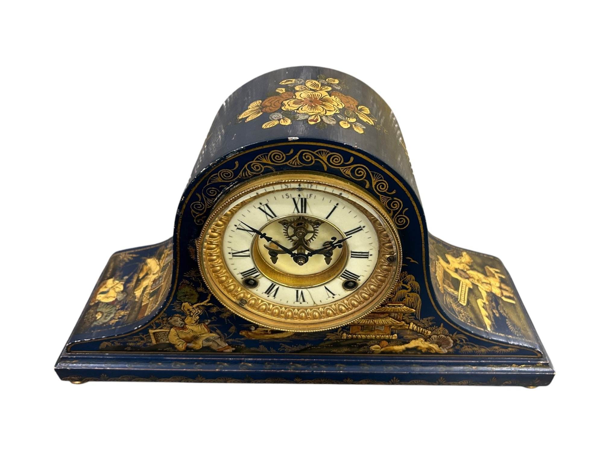 Fantastic Ansonia Coalport Blue Chinoiserie Hat Shaped Mantel Clock - Image 4