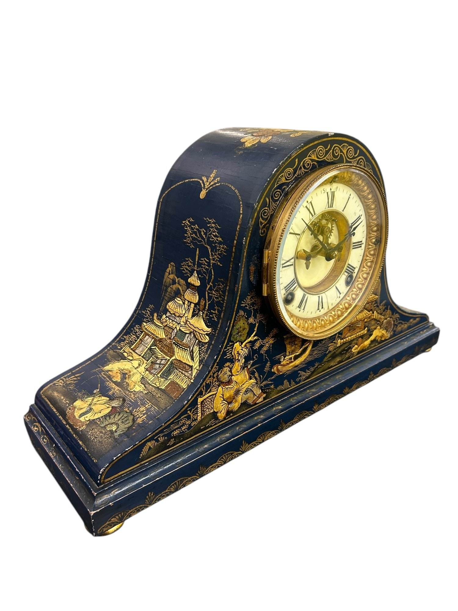 Fantastic Ansonia Coalport Blue Chinoiserie Hat Shaped Mantel Clock - Image 8