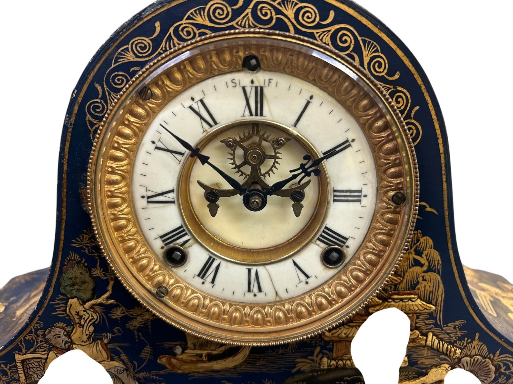Fantastic Ansonia Coalport Blue Chinoiserie Hat Shaped Mantel Clock - Image 7