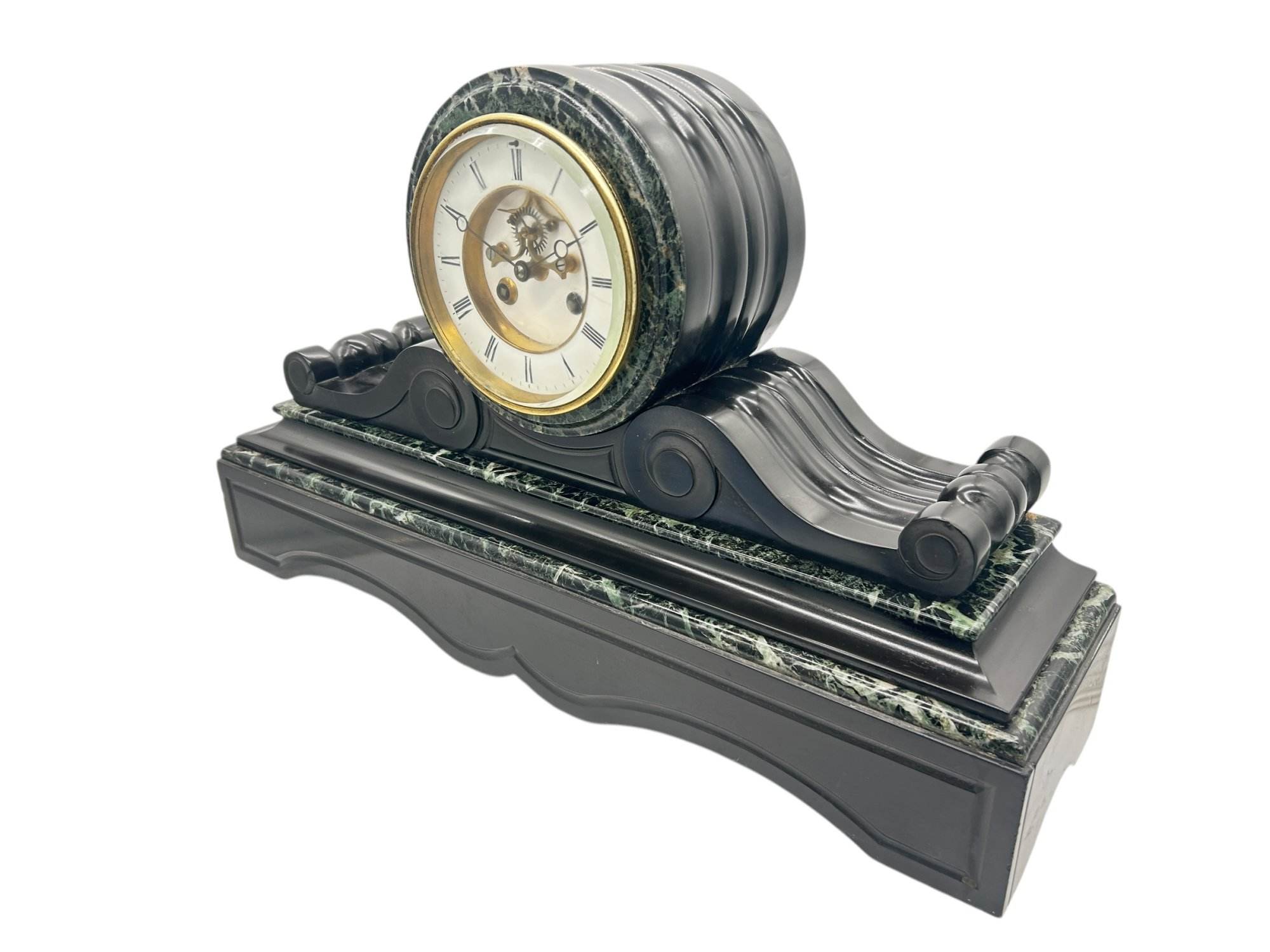 Fabulous Victorian Drum Head Slate & green marble Mantel Clock – ca1870 - Image 6
