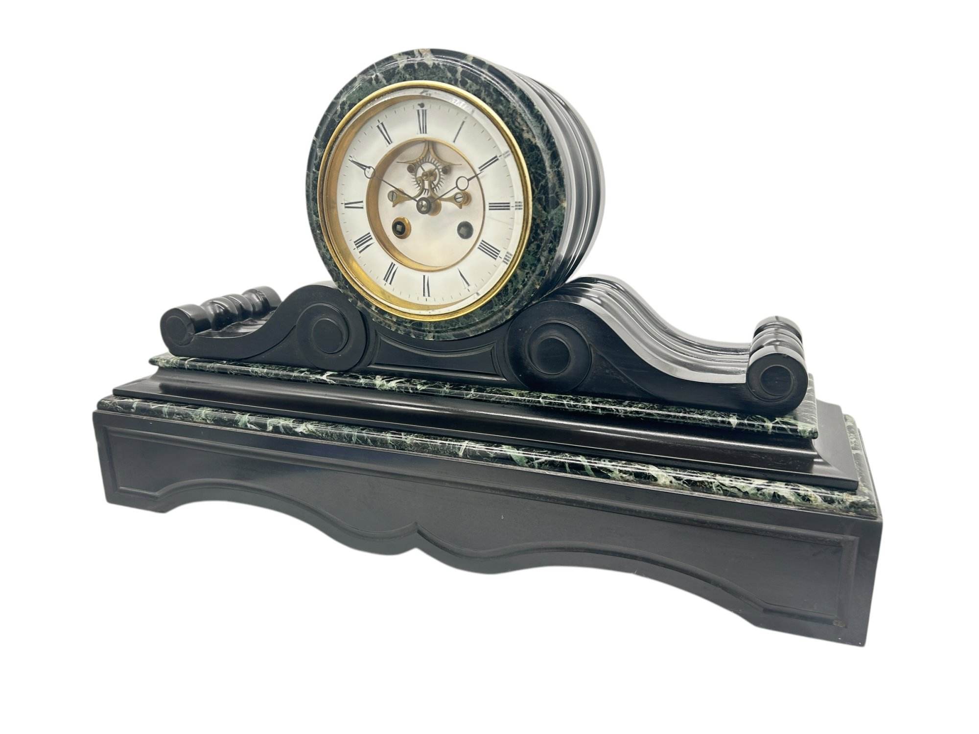 Fabulous Victorian Drum Head Slate & green marble Mantel Clock – ca1870 - Image 4