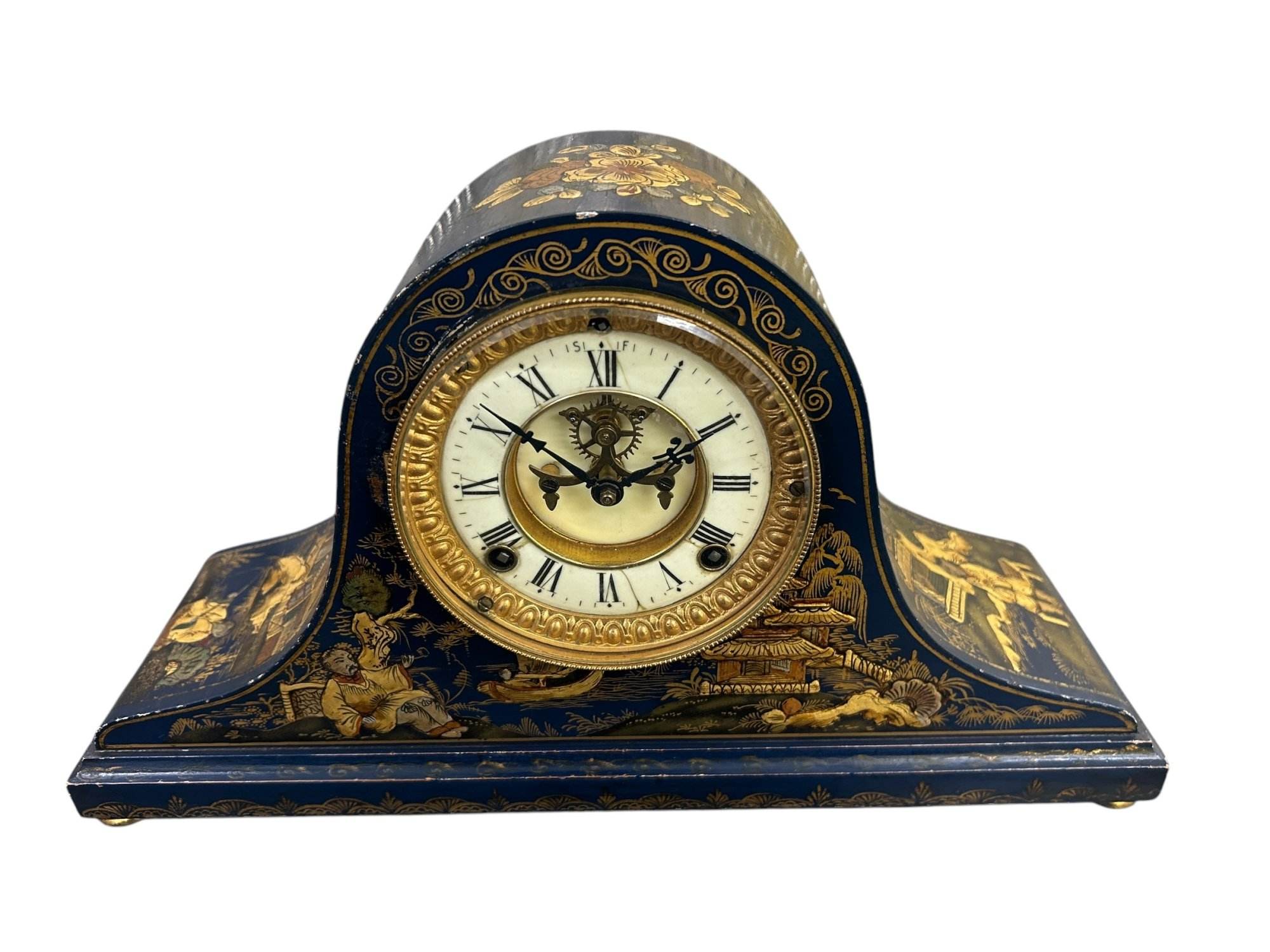 Fantastic Ansonia Coalport Blue Chinoiserie Hat Shaped Mantel Clock - Image 10