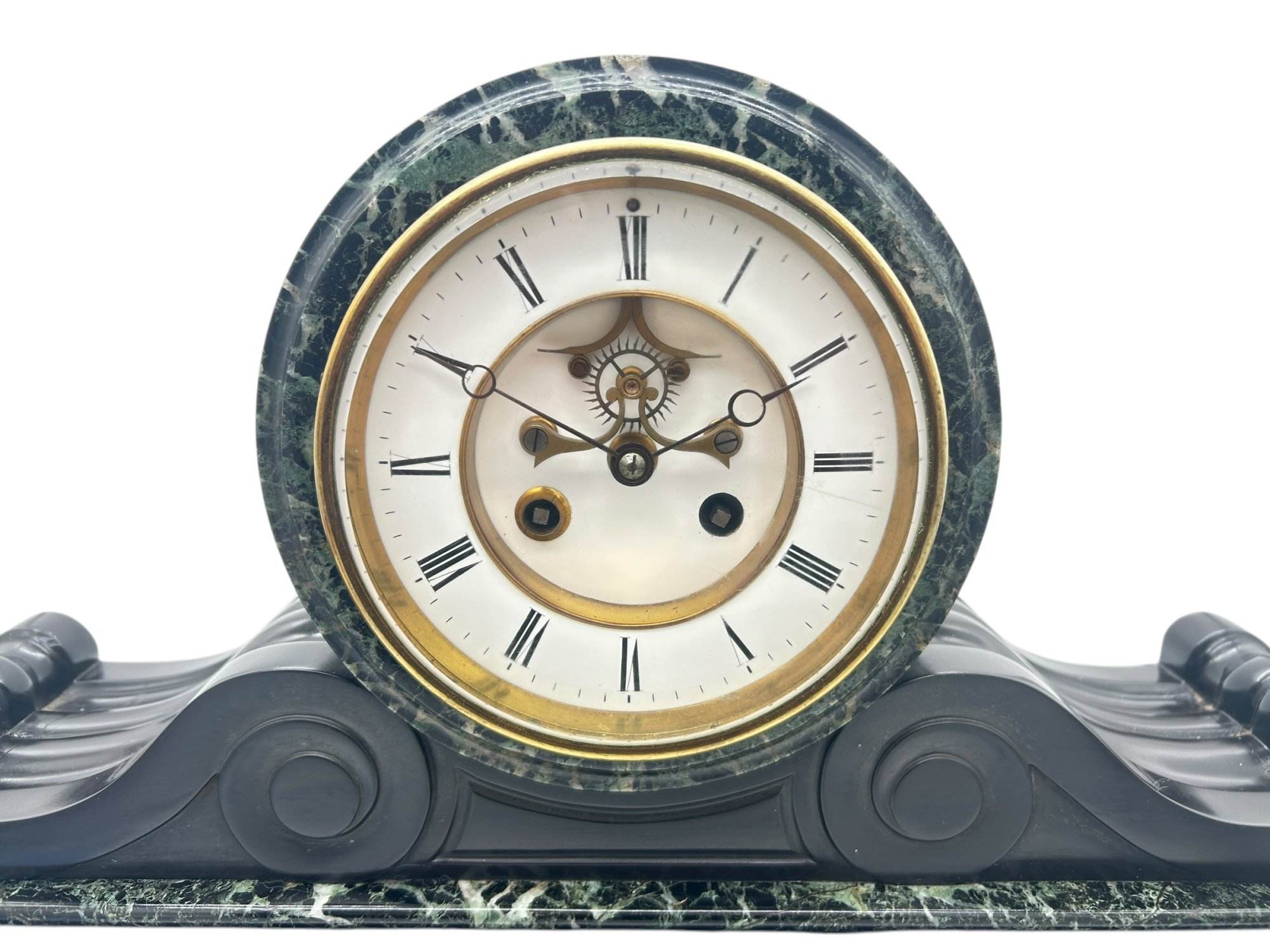 Fabulous Victorian Drum Head Slate & green marble Mantel Clock – ca1870 - Image 9