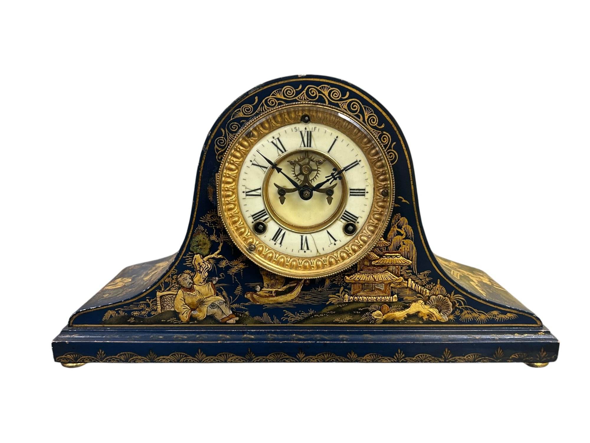 Fantastic Ansonia Coalport Blue Chinoiserie Hat Shaped Mantel Clock