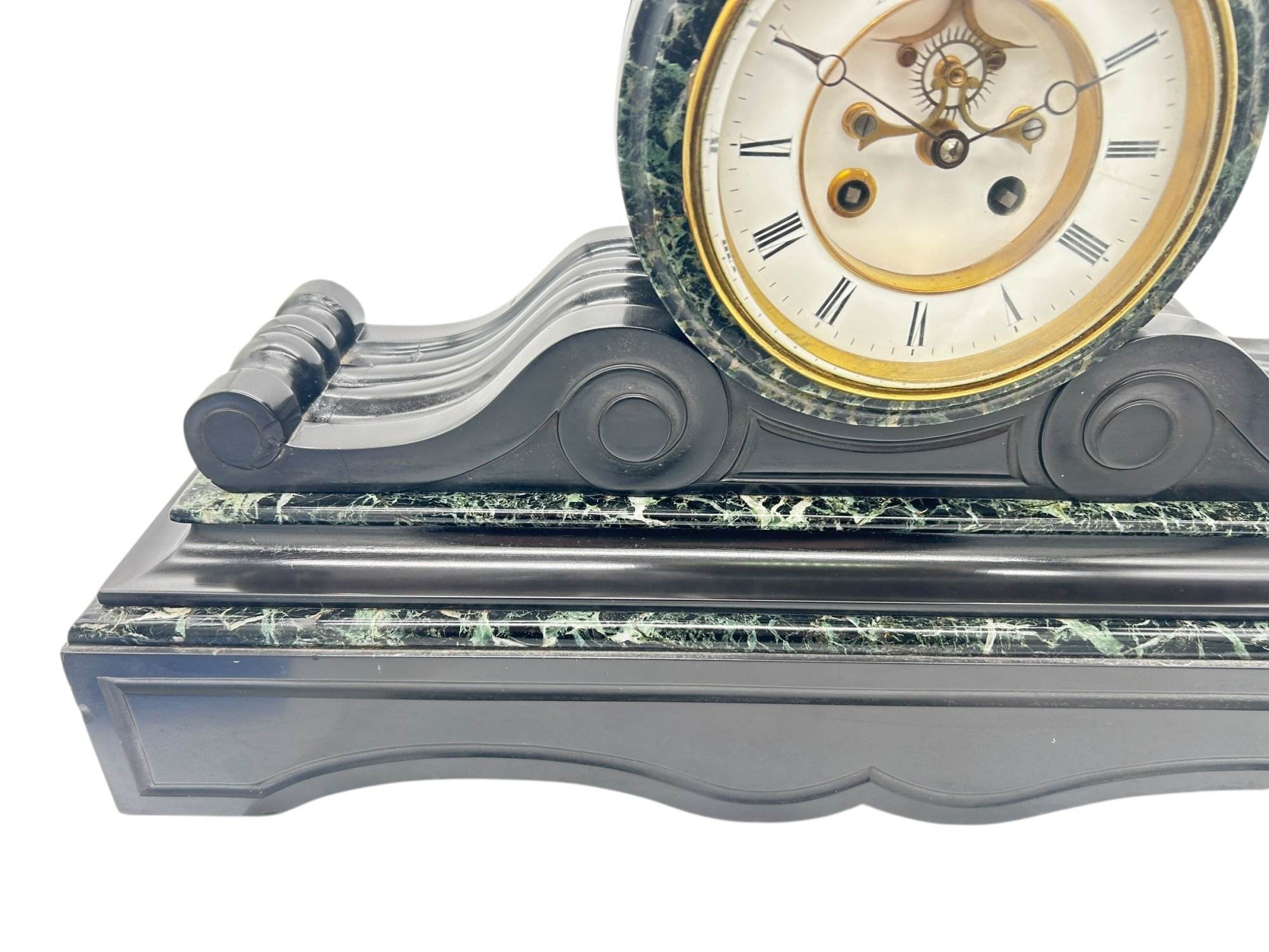 Fabulous Victorian Drum Head Slate & green marble Mantel Clock – ca1870 - Image 8