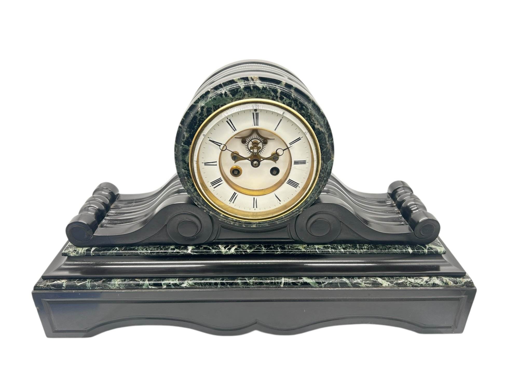 Fabulous Victorian Drum Head Slate & green marble Mantel Clock – ca1870 - Image 11