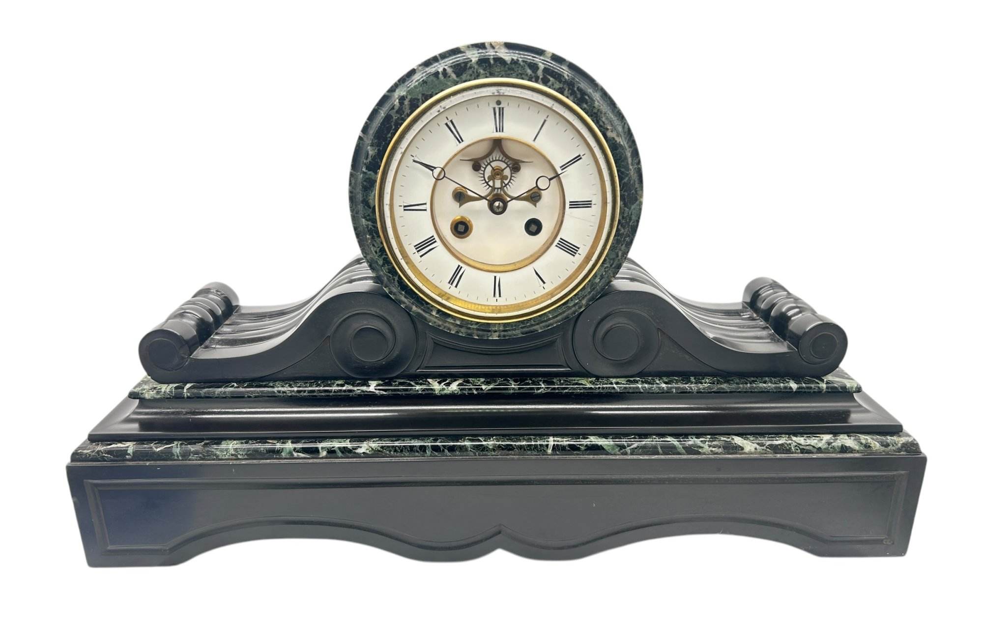 Fabulous Victorian Drum Head Slate & green marble Mantel Clock – ca1870