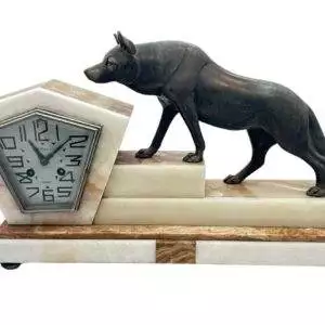 Outstanding French Art Deco Marble & Alsatian Dog Figural Mantel Clock – ca1920